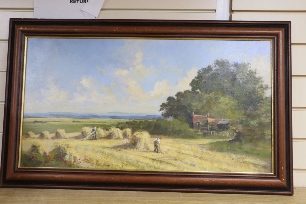 English School, oil on canvas, Harvesters in a landscape, indistinctly signed, 40 x 75cm